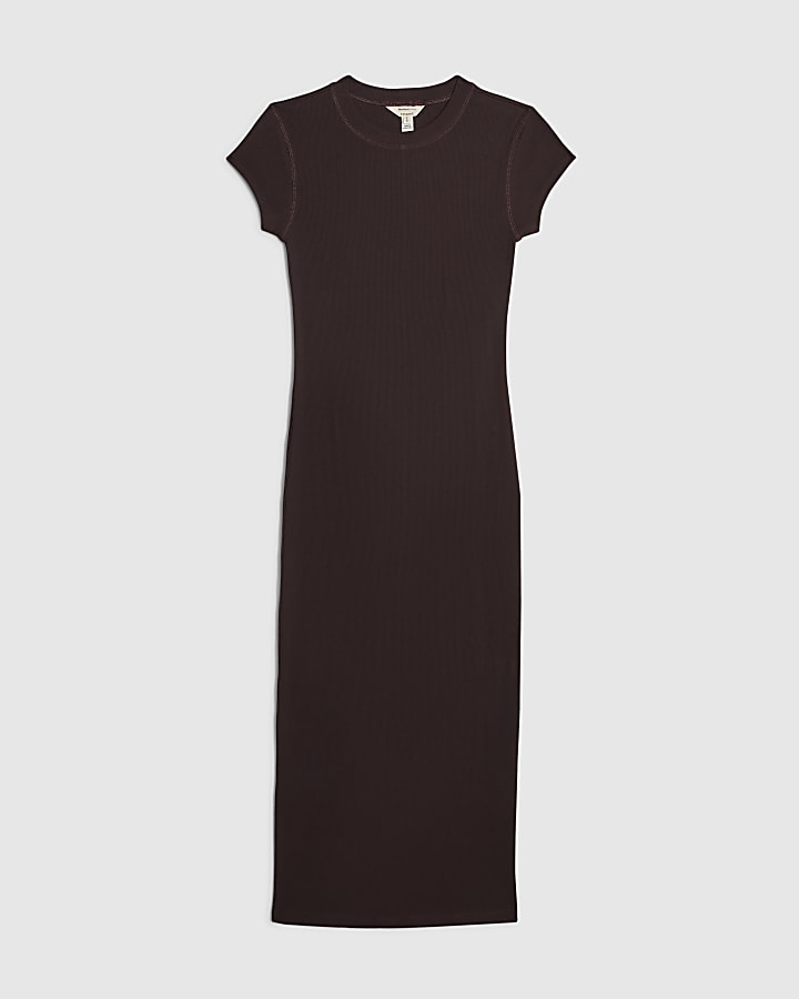 Brown Cap Sleeve Ribbed Midi Dress
