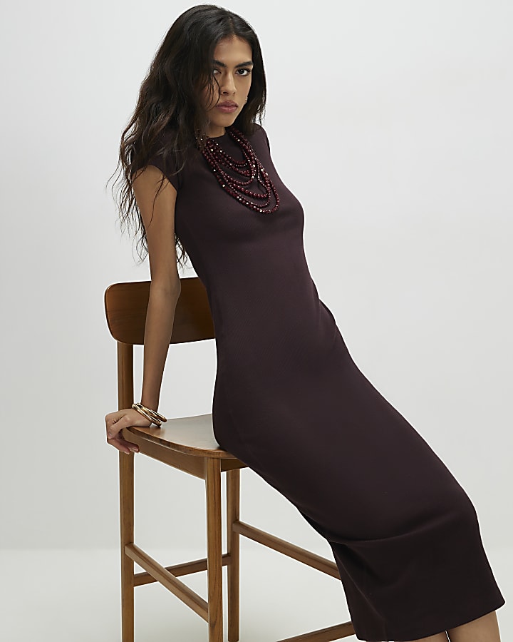 Brown Cap Sleeve Ribbed Midi Dress