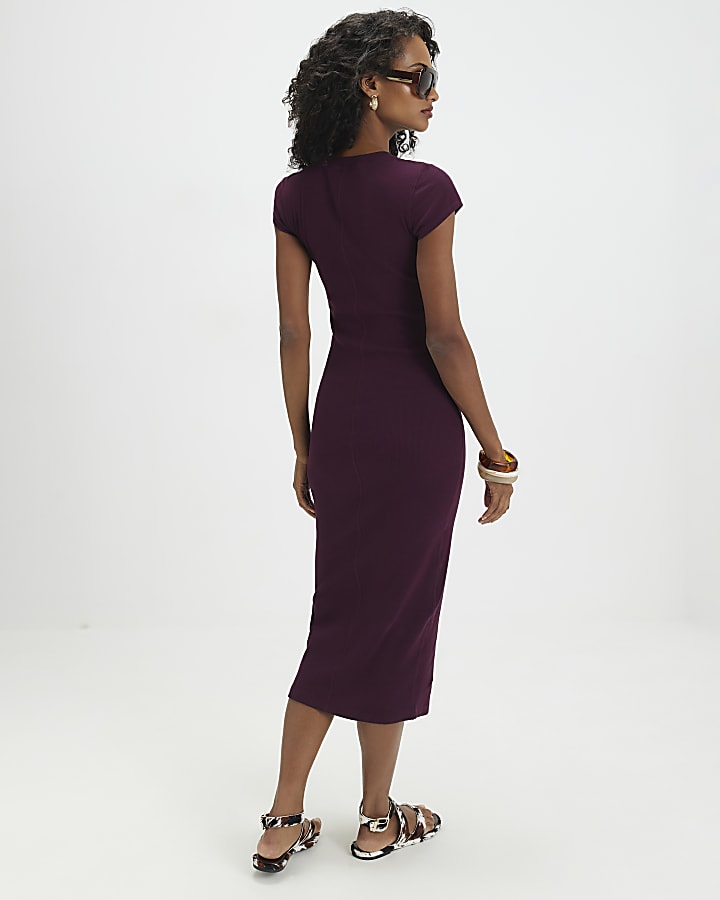 Purple Cap Sleeve Ribbed Midi Dress