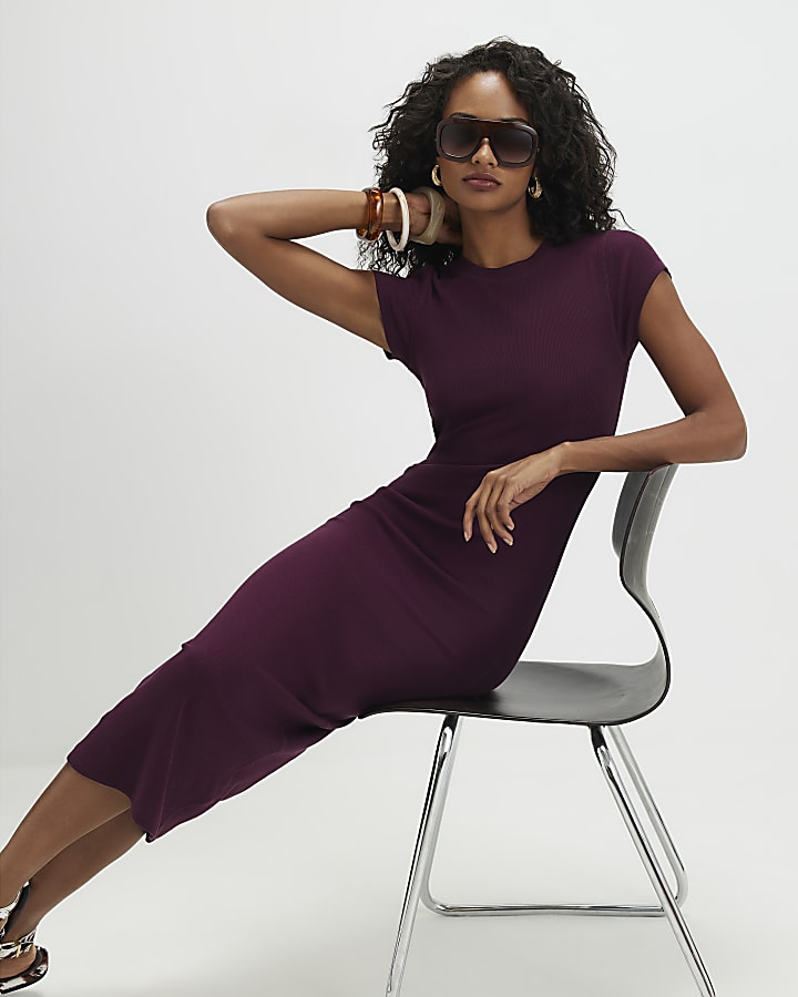 Purple Cap Sleeve Ribbed Midi Dress