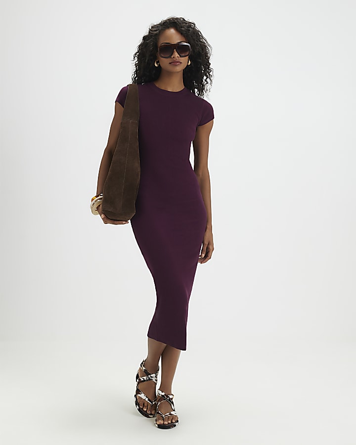 Purple Cap Sleeve Ribbed Midi Dress