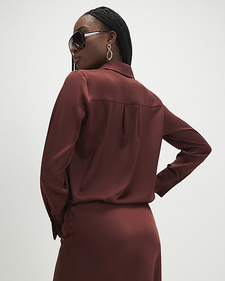 Brown Satin Long Sleeve Slim Fit Shirt