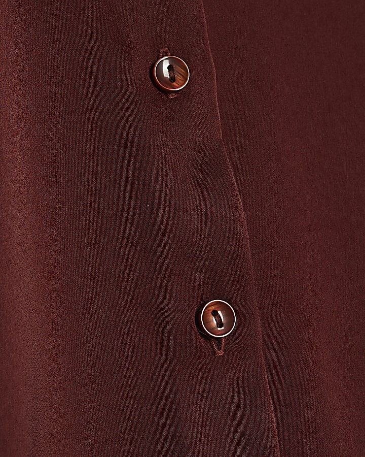 Brown Satin Long Sleeve Slim Fit Shirt