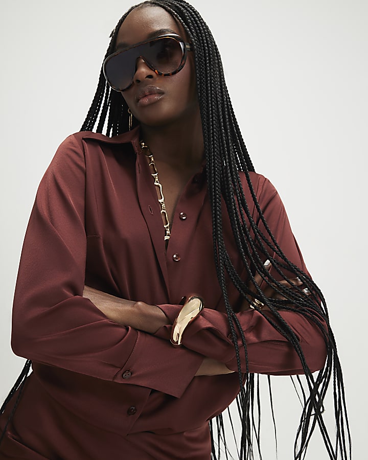 Brown Satin Long Sleeve Slim Fit Shirt