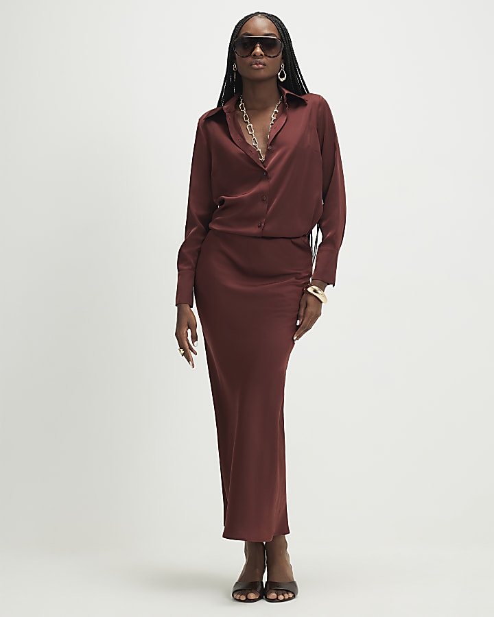 Brown Satin Long Sleeve Slim Fit Shirt