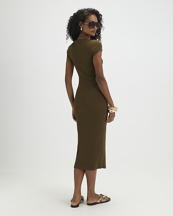 Khaki Cap Sleeve Ribbed Midi Dress