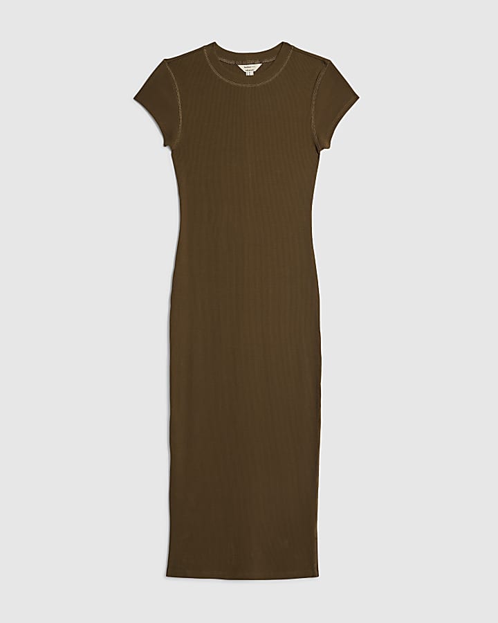 Khaki Cap Sleeve Ribbed Midi Dress