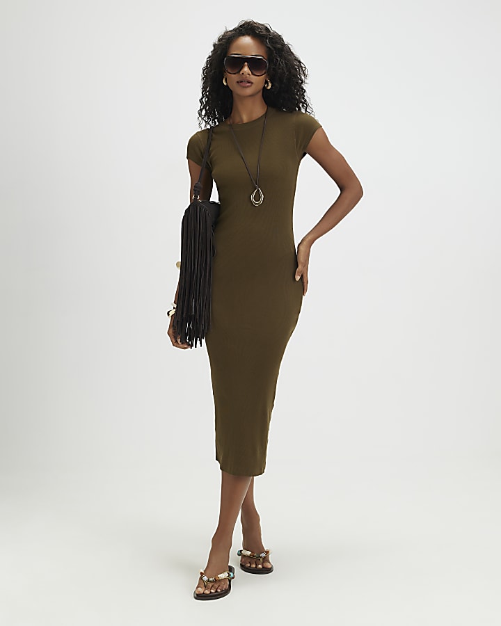 Khaki Cap Sleeve Ribbed Midi Dress