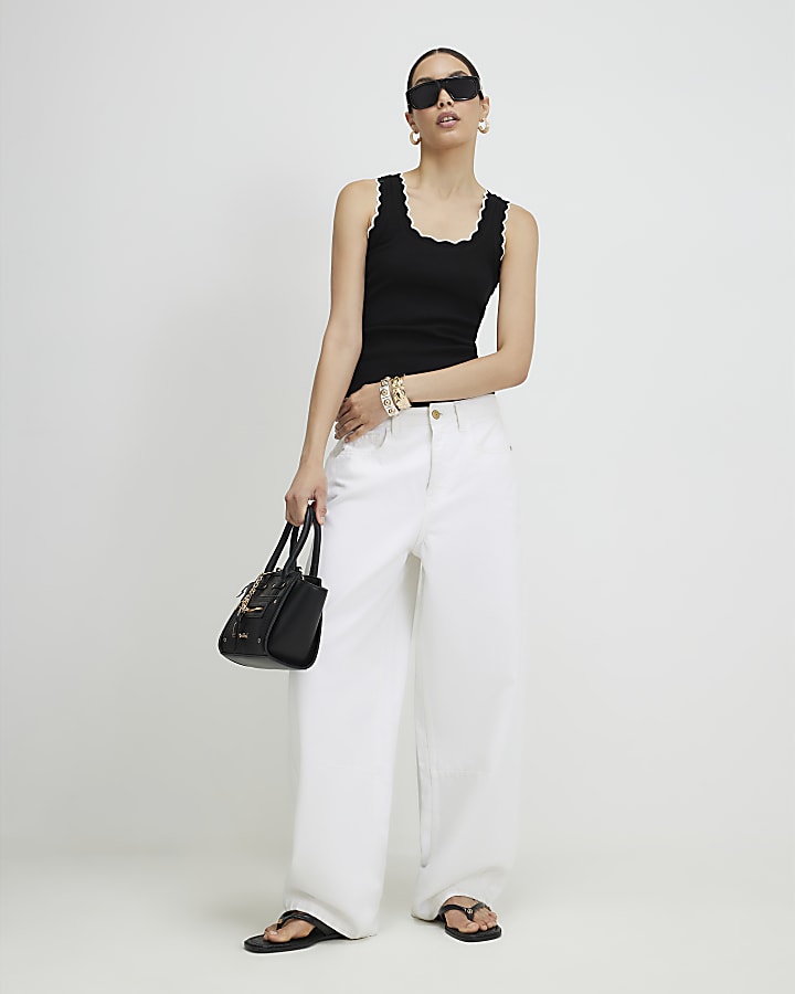 Black Sleeveless Scallop Trim Tank Top