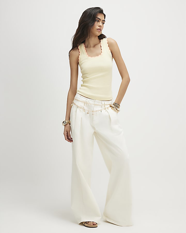 Yellow Sleeveless Scallop Trim Tank Top