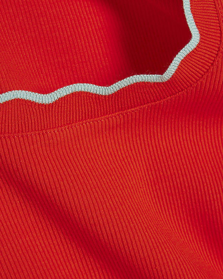Red Cotton Blend Scallop Trim Tank Top