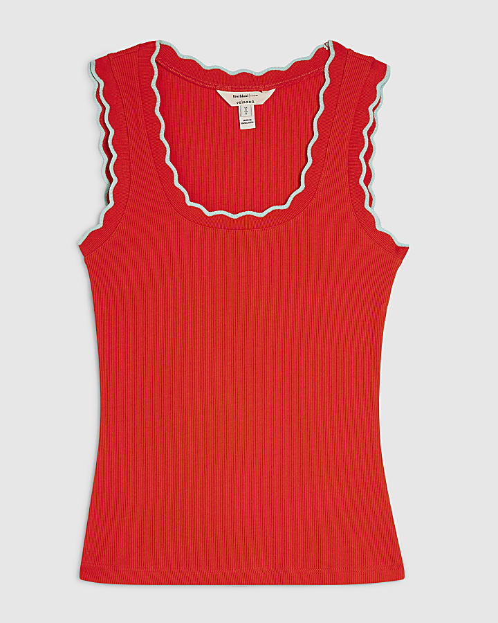 Red Cotton Blend Scallop Trim Tank Top