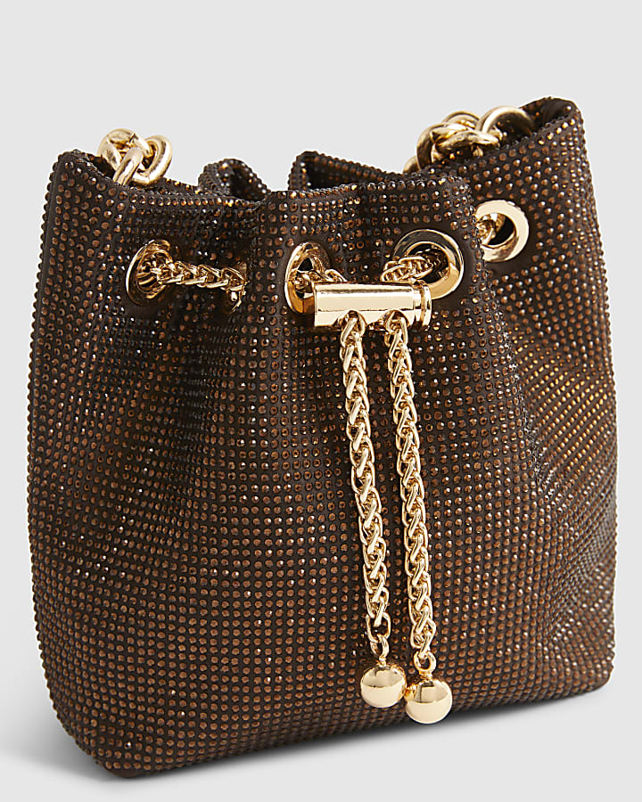 Brown Embellished Bucket Bag