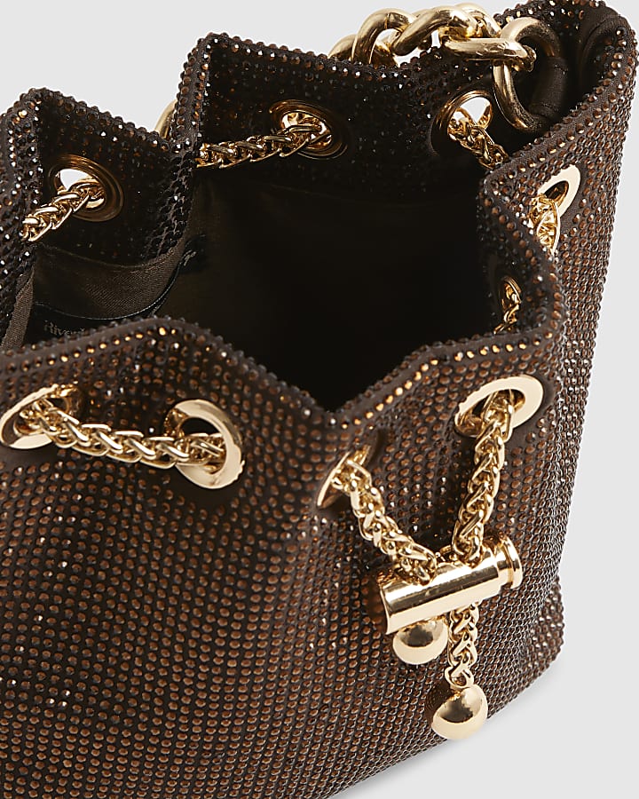 Brown Embellished Bucket Bag