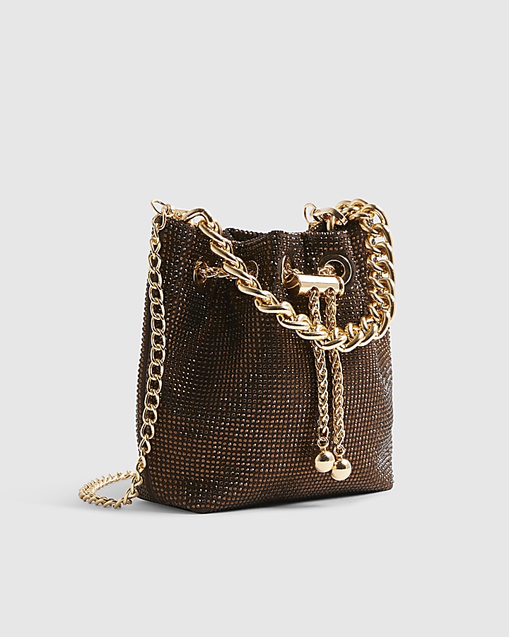 Brown Embellished Bucket Bag