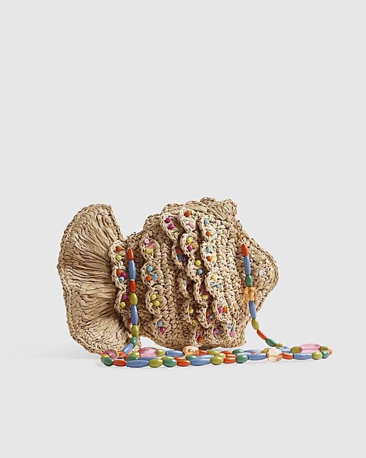 Beige Raffia Fish Crossbody Bag