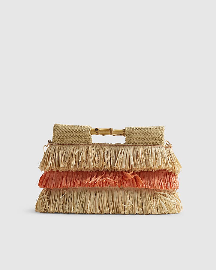 Orange Stripe Raffia Handle Clutch Bag
