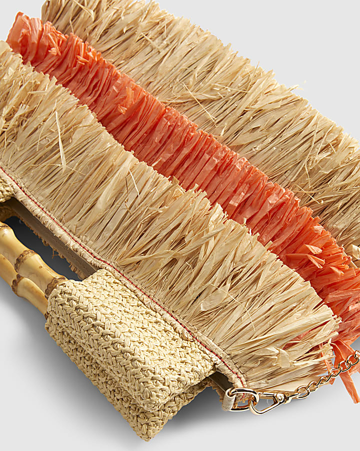 Orange Stripe Raffia Handle Clutch Bag