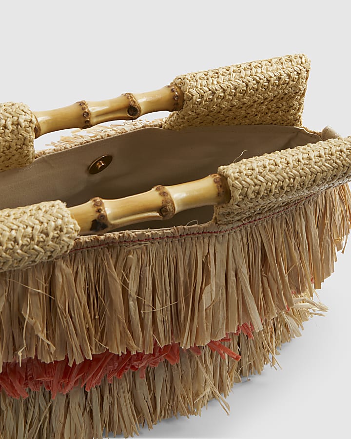 Orange Stripe Raffia Handle Clutch Bag