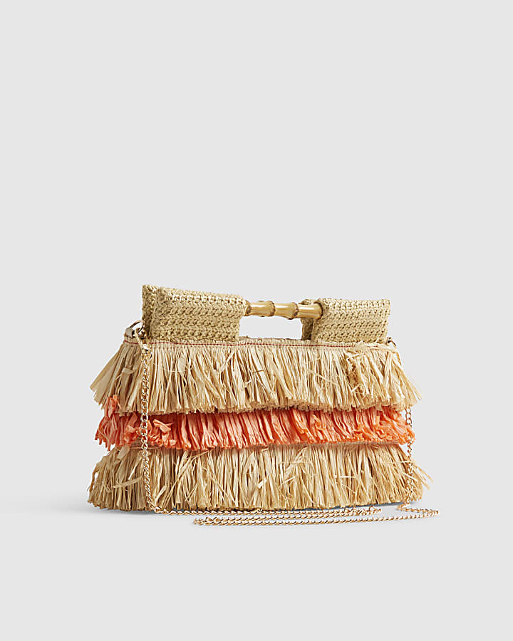 Orange Stripe Raffia Handle Clutch Bag