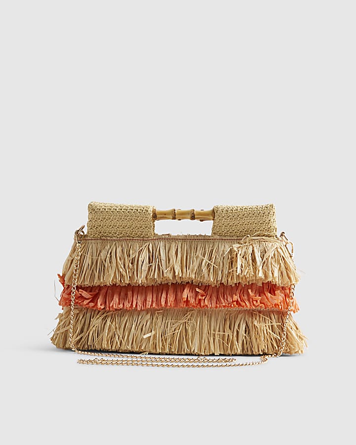 Orange Stripe Raffia Handle Clutch Bag