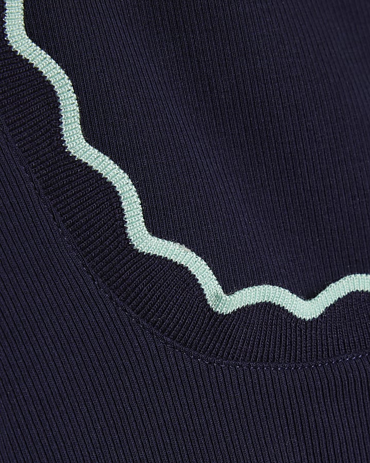 Navy Cotton Blend Scallop Tank Top