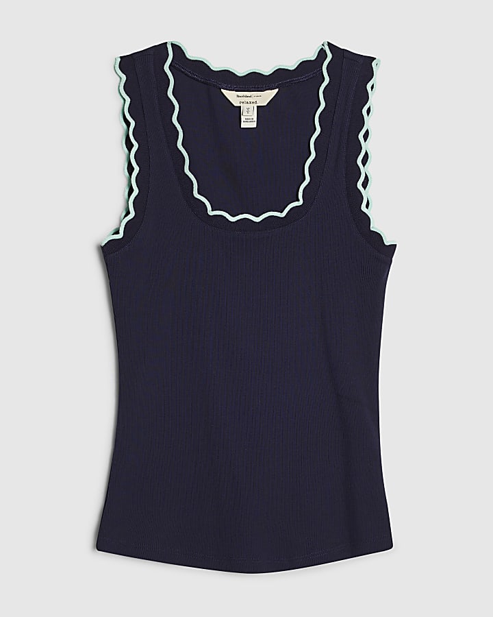 Navy Cotton Blend Scallop Tank Top