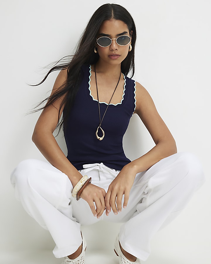 Navy Cotton Blend Scallop Tank Top