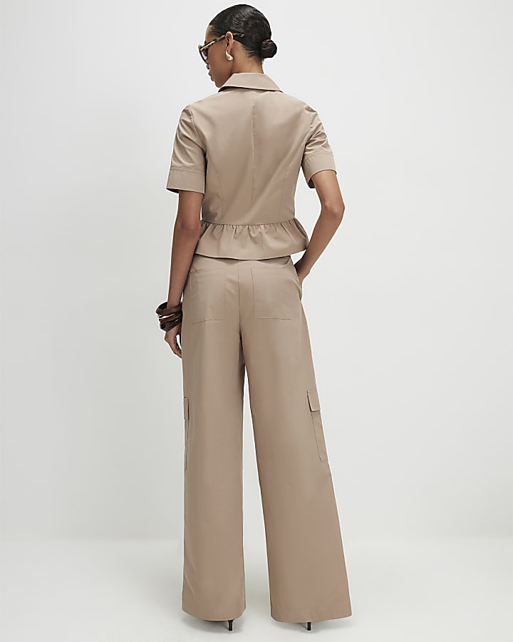 Beige Cotton Blend Cargo Straight Trousers