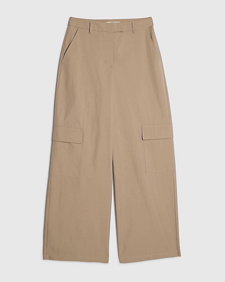 Beige Cotton Blend Cargo Straight Trousers