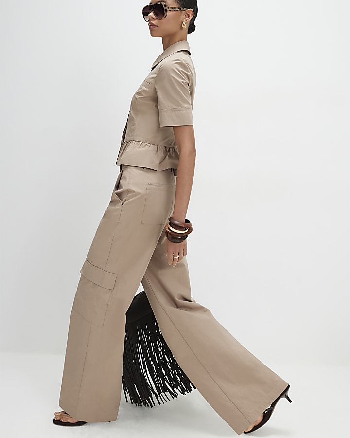 Beige Cotton Blend Cargo Straight Trousers