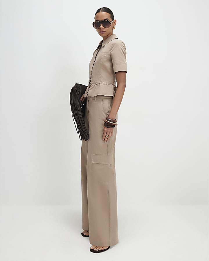 Beige Cotton Blend Cargo Straight Trousers