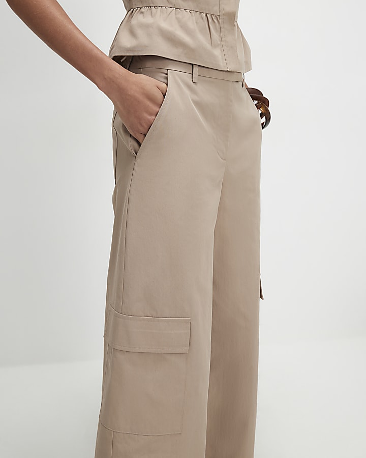 Beige Cotton Blend Cargo Straight Trousers