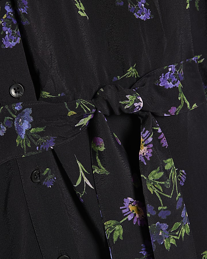Black Floral Midi Shirt Dress