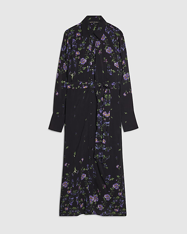 Black Floral Midi Shirt Dress
