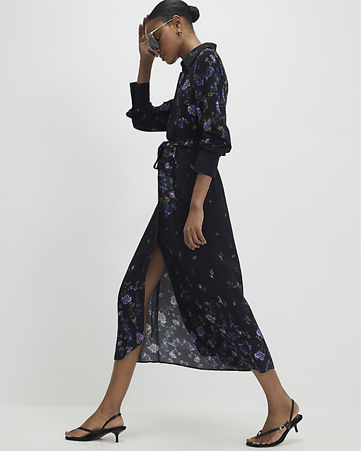 Black Floral Midi Shirt Dress