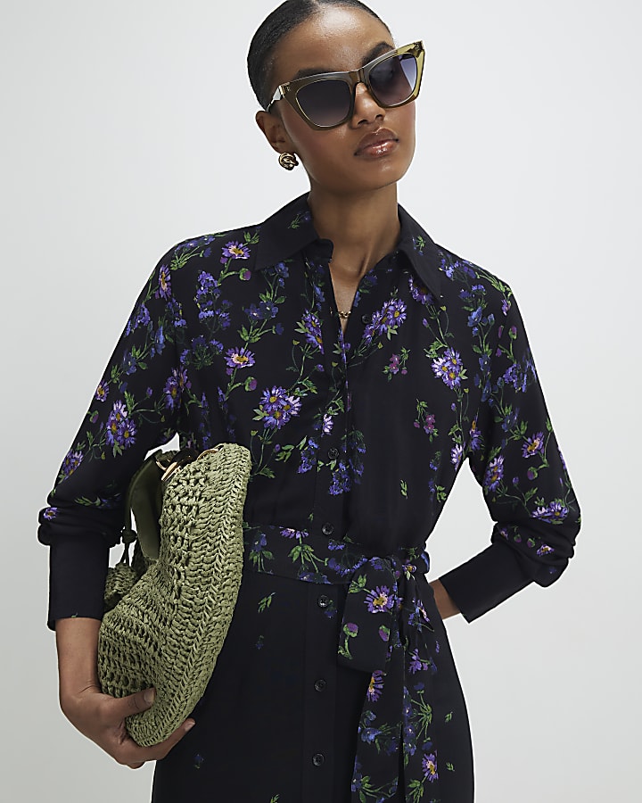 Black Floral Midi Shirt Dress