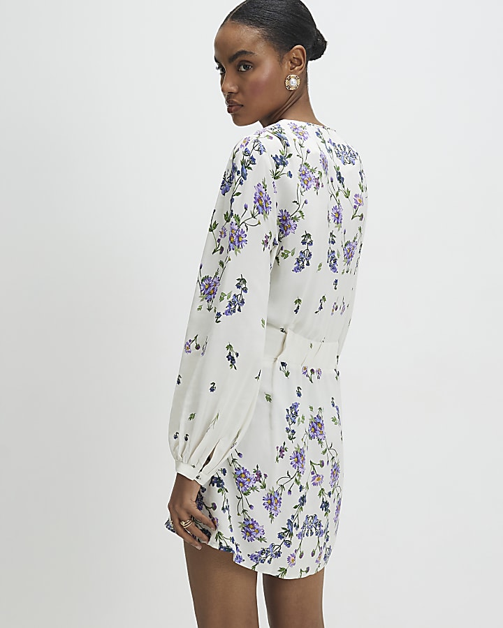 White Long Sleeve Floral Mini Dress