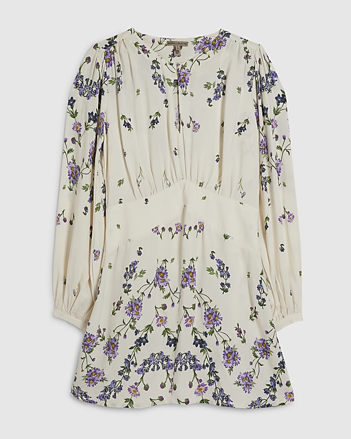 White Long Sleeve Floral Mini Dress