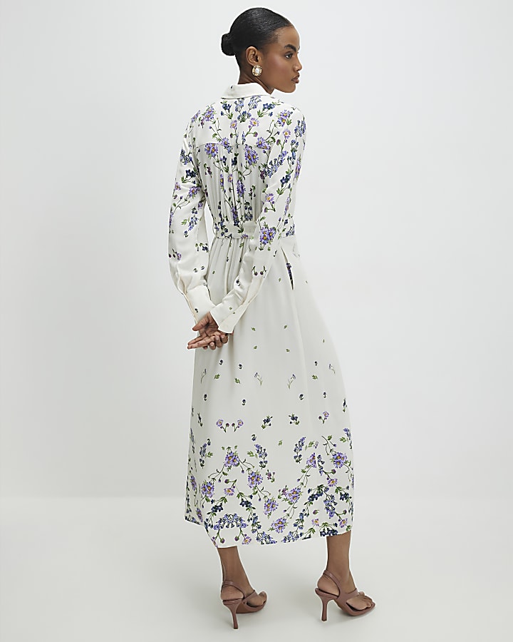 White Floral Midi Shirt Dress