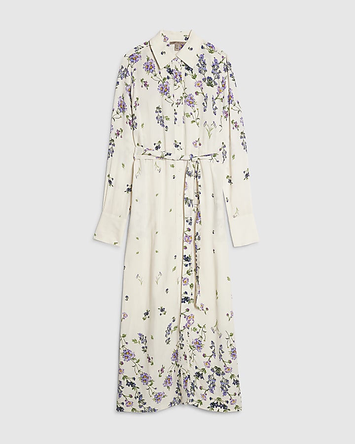 White Floral Midi Shirt Dress