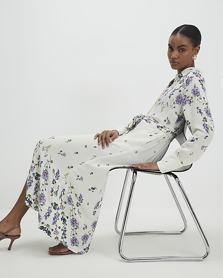 White Floral Midi Shirt Dress