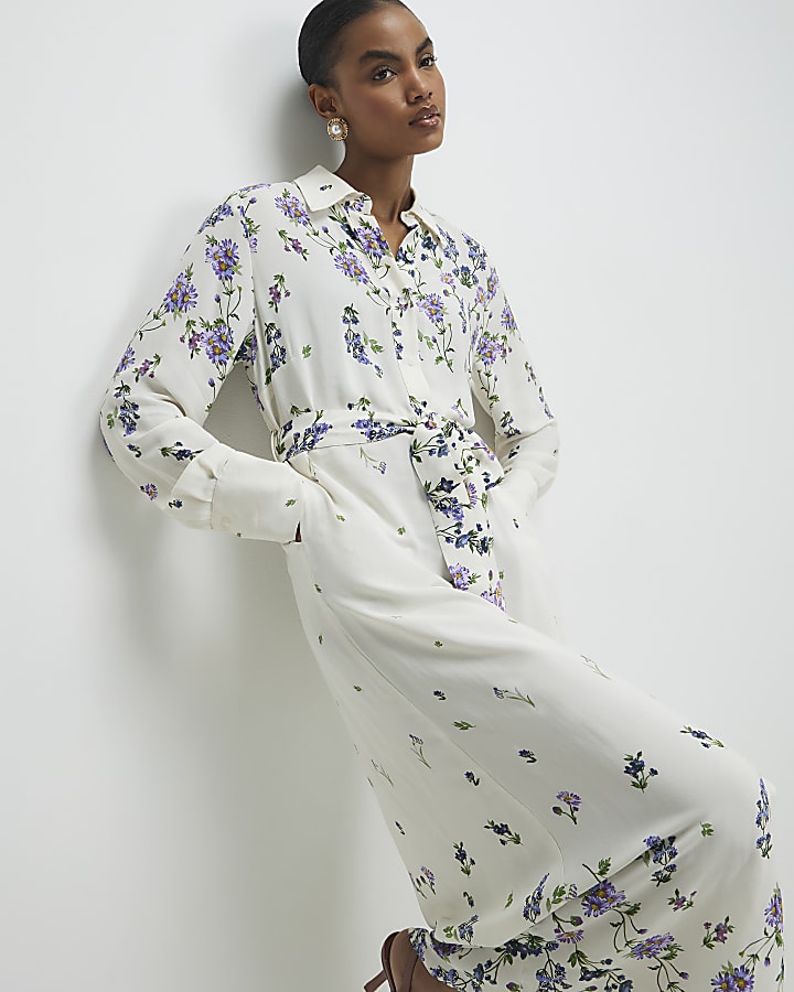 White Floral Midi Shirt Dress