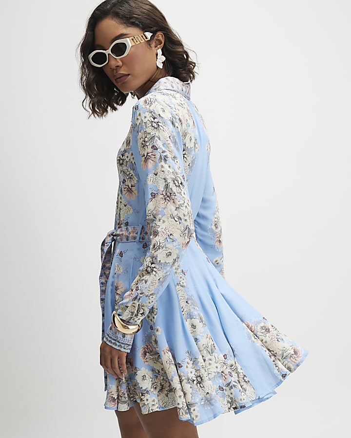 Blue Floral Godet Mini Shirt Dress