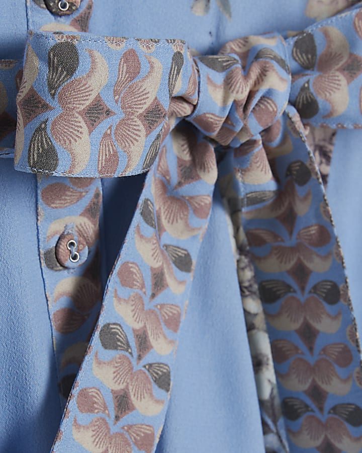 Blue Floral Godet Mini Shirt Dress