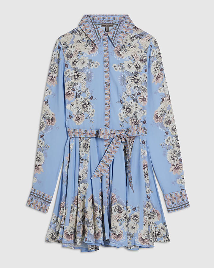 Blue Floral Godet Mini Shirt Dress