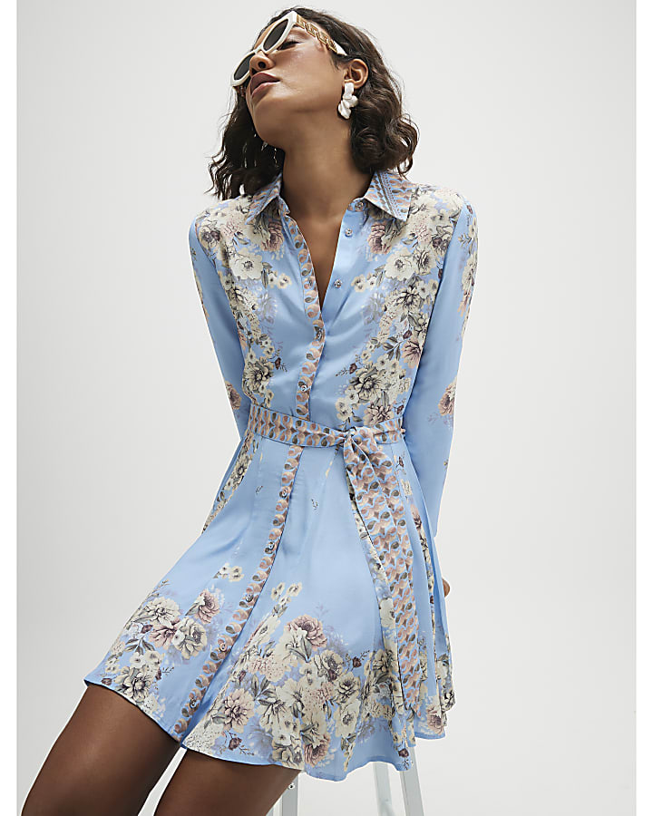 Blue Floral Godet Mini Shirt Dress