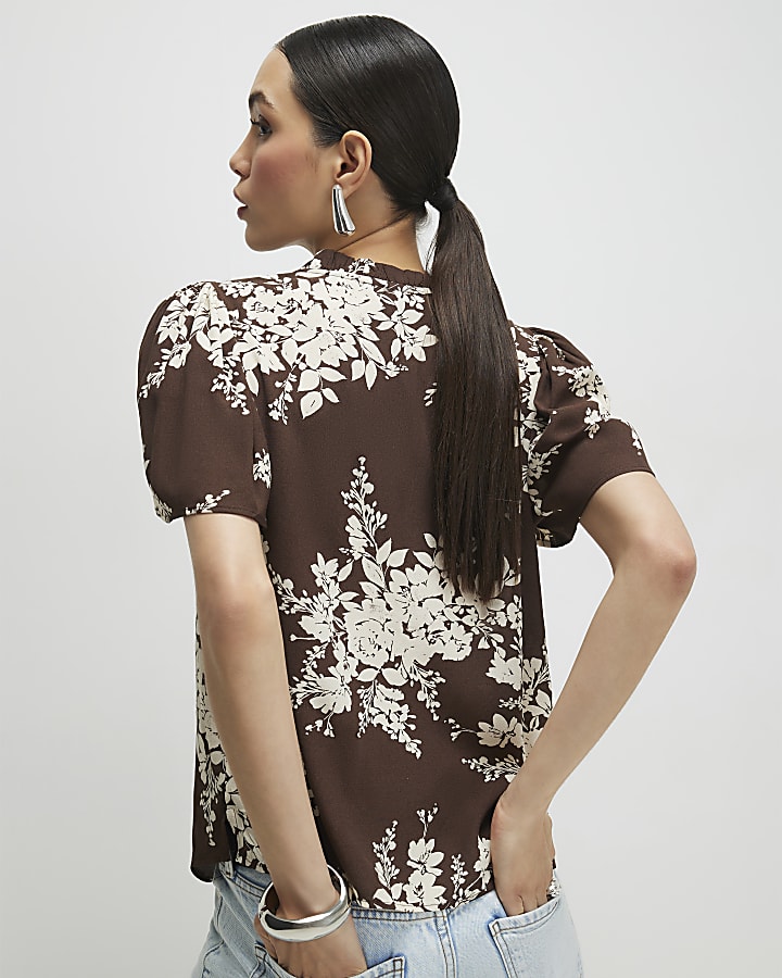 Brown Floral Print Short Sleeve Top