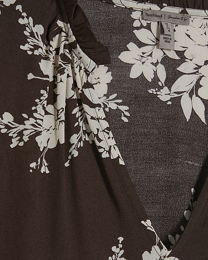 Brown Floral Print Short Sleeve Top