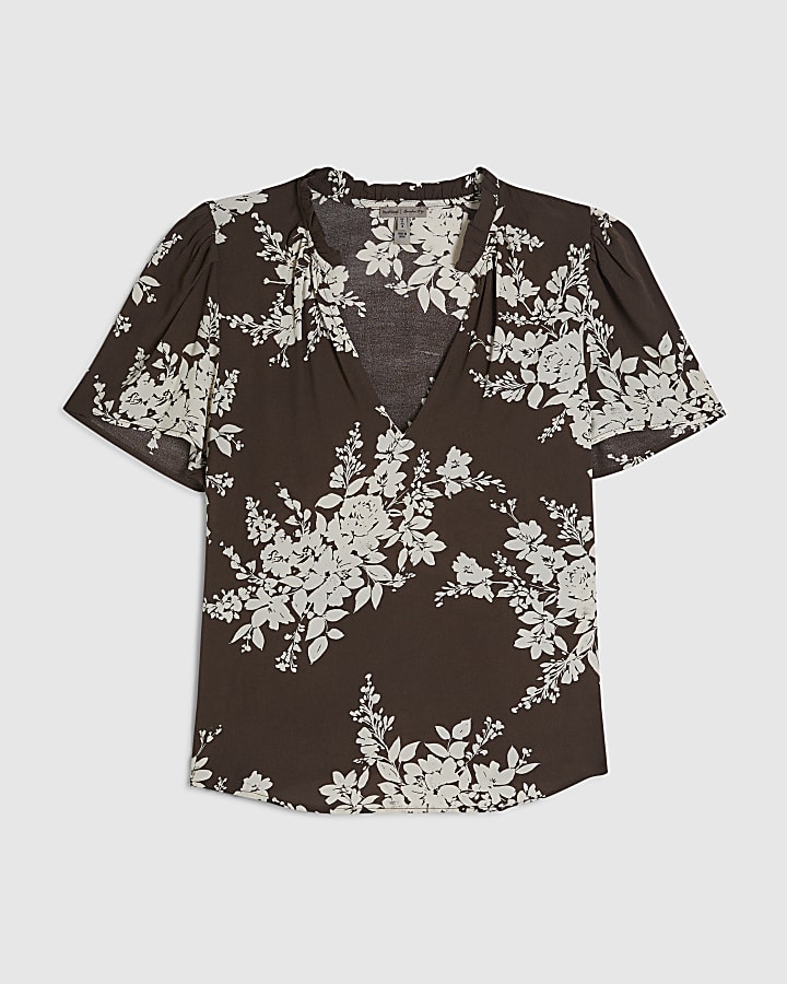 Brown Floral Print Short Sleeve Top